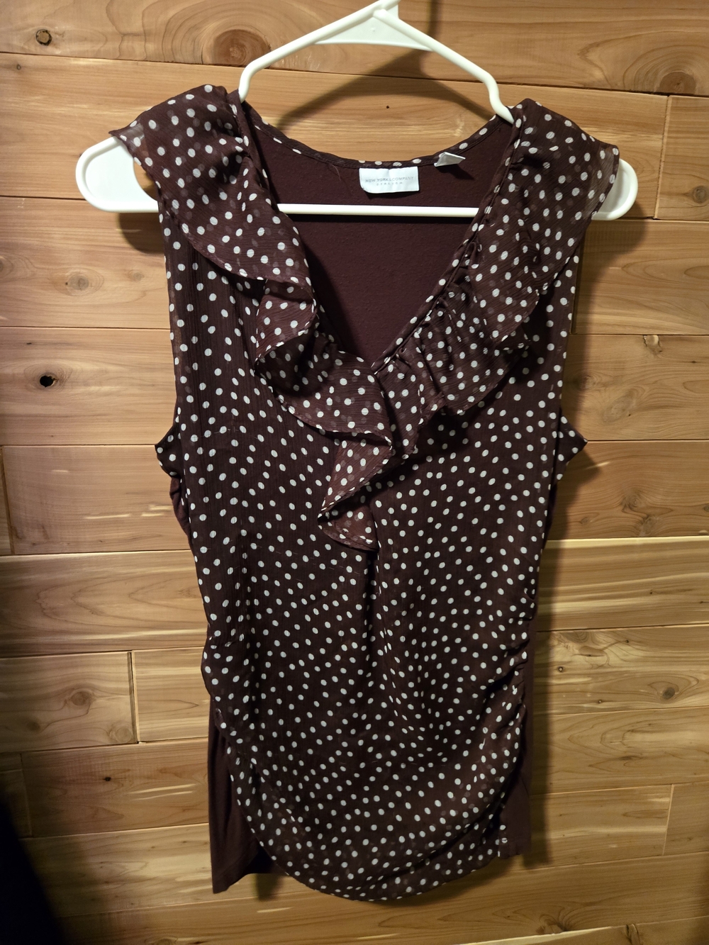 New York & Company Burgundy Polka Dot Ruffle V-Neck Tank